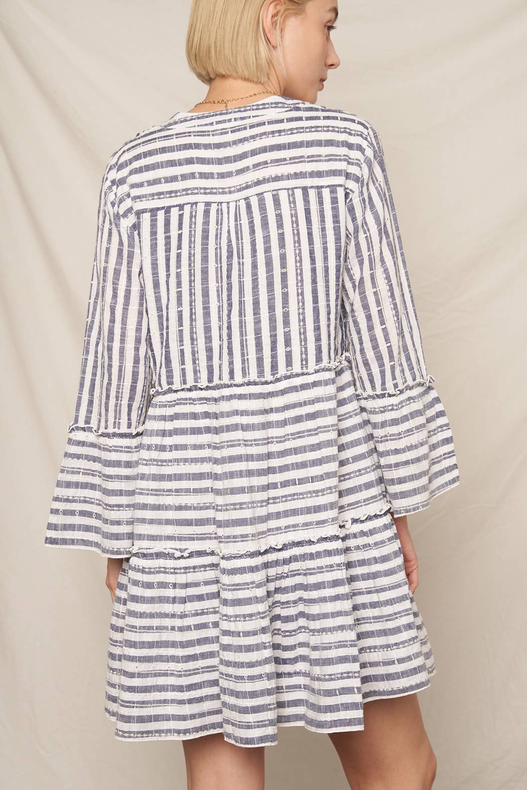 3/4 Sleeve V-Neck Striped Tiered Mini Dress