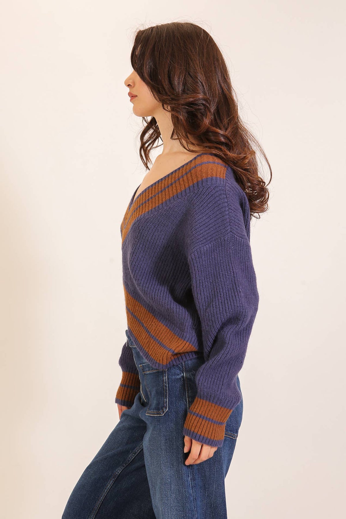 Contrast Trim V-Neck Varsity Knit Sweater