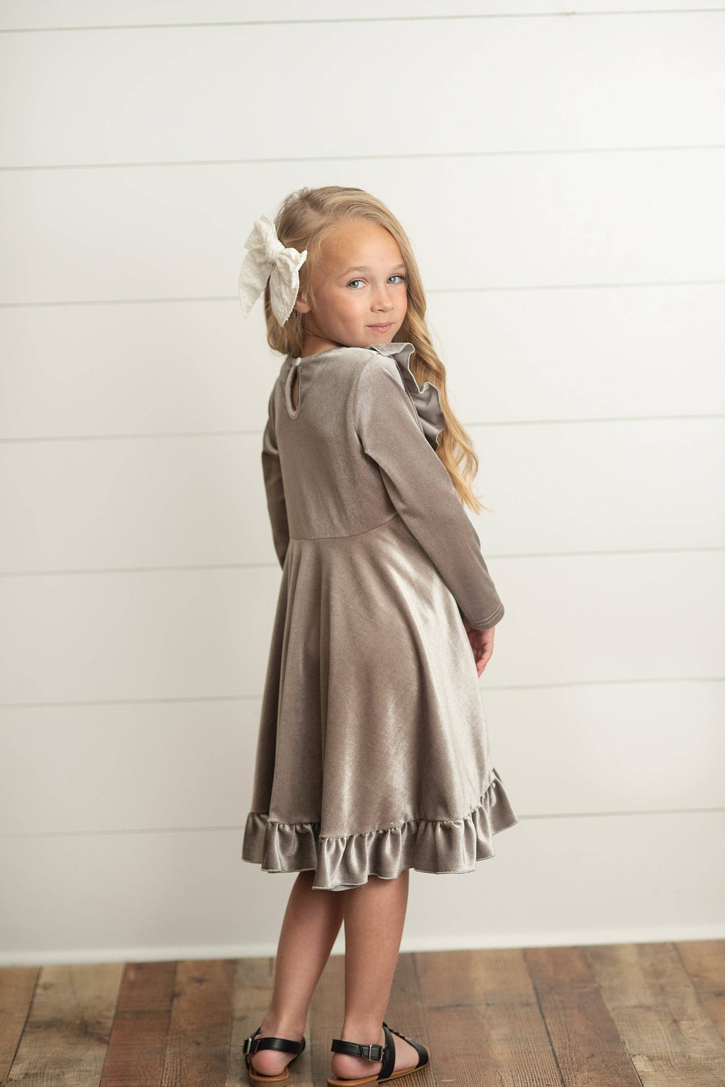 Kids Gray Silver Velvet Ruffle Twirl Dress