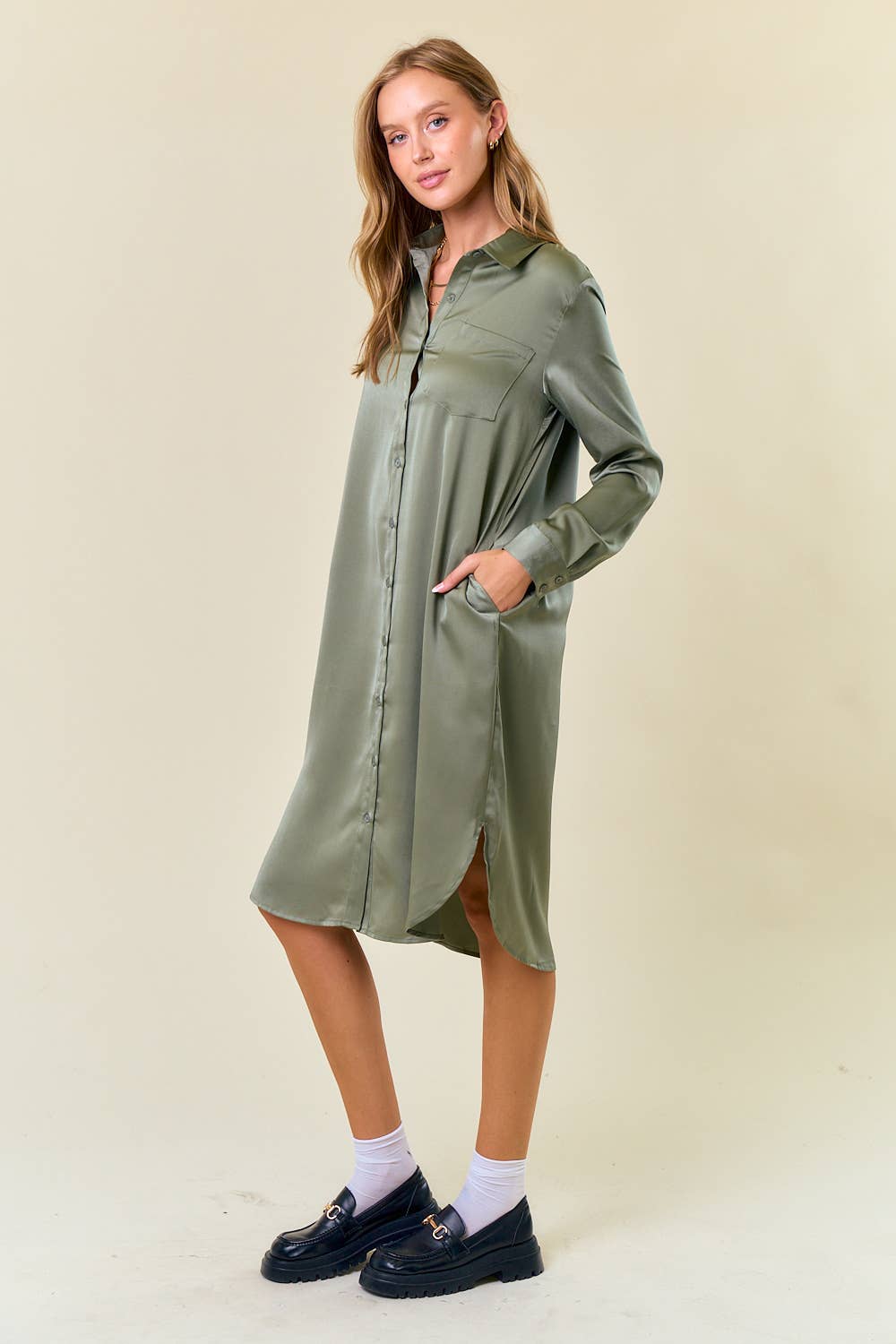 SATIN LONG SLEEVE SHIRT MIDI DRESS - 27825D