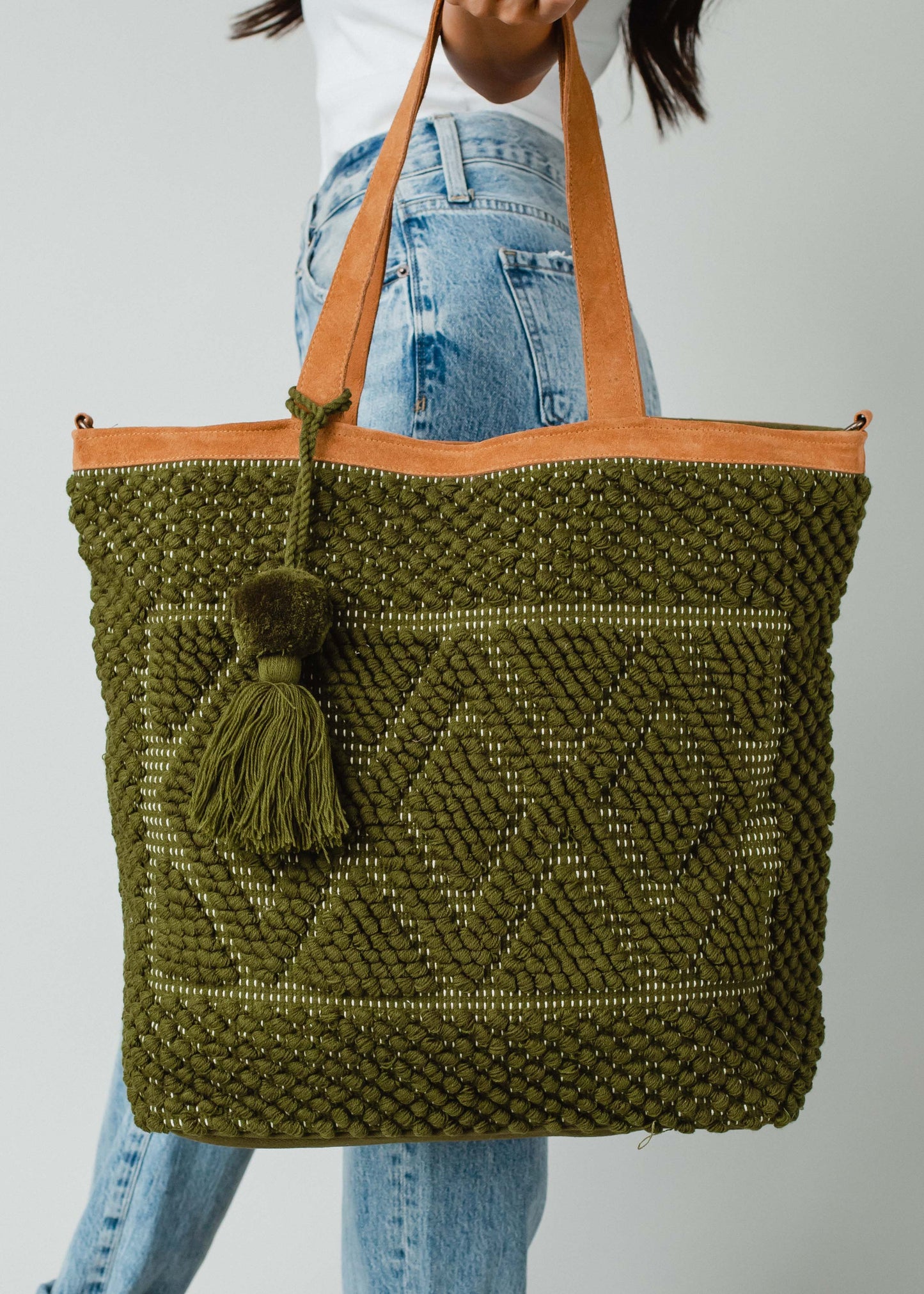 Olive Diamond Pattern Tote Hand Knotted