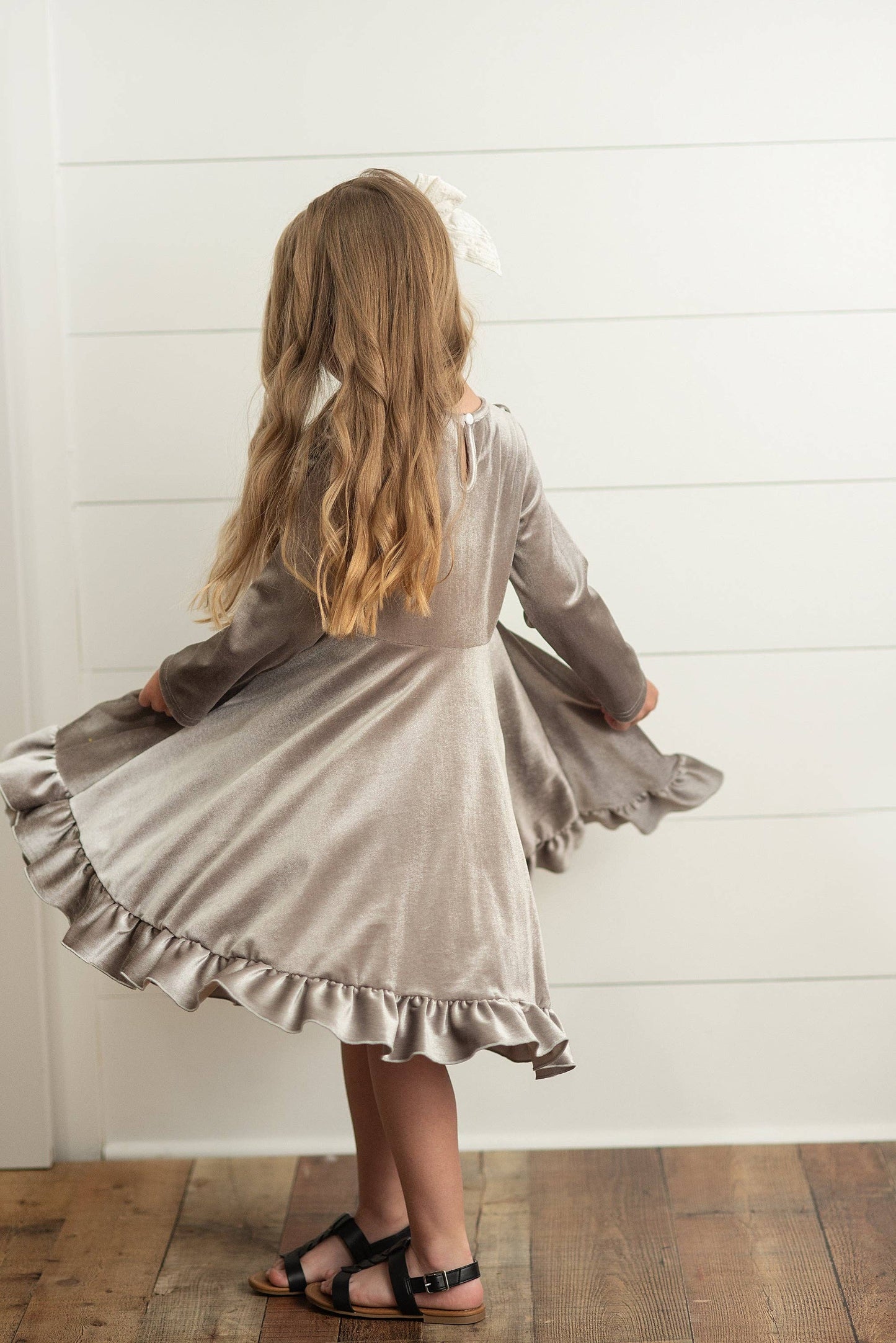 Kids Gray Silver Velvet Ruffle Twirl Dress