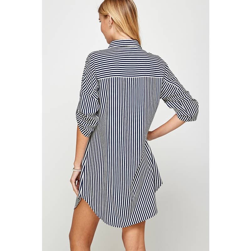 Stripe Soft Flowing Collared Long Shirt Dress