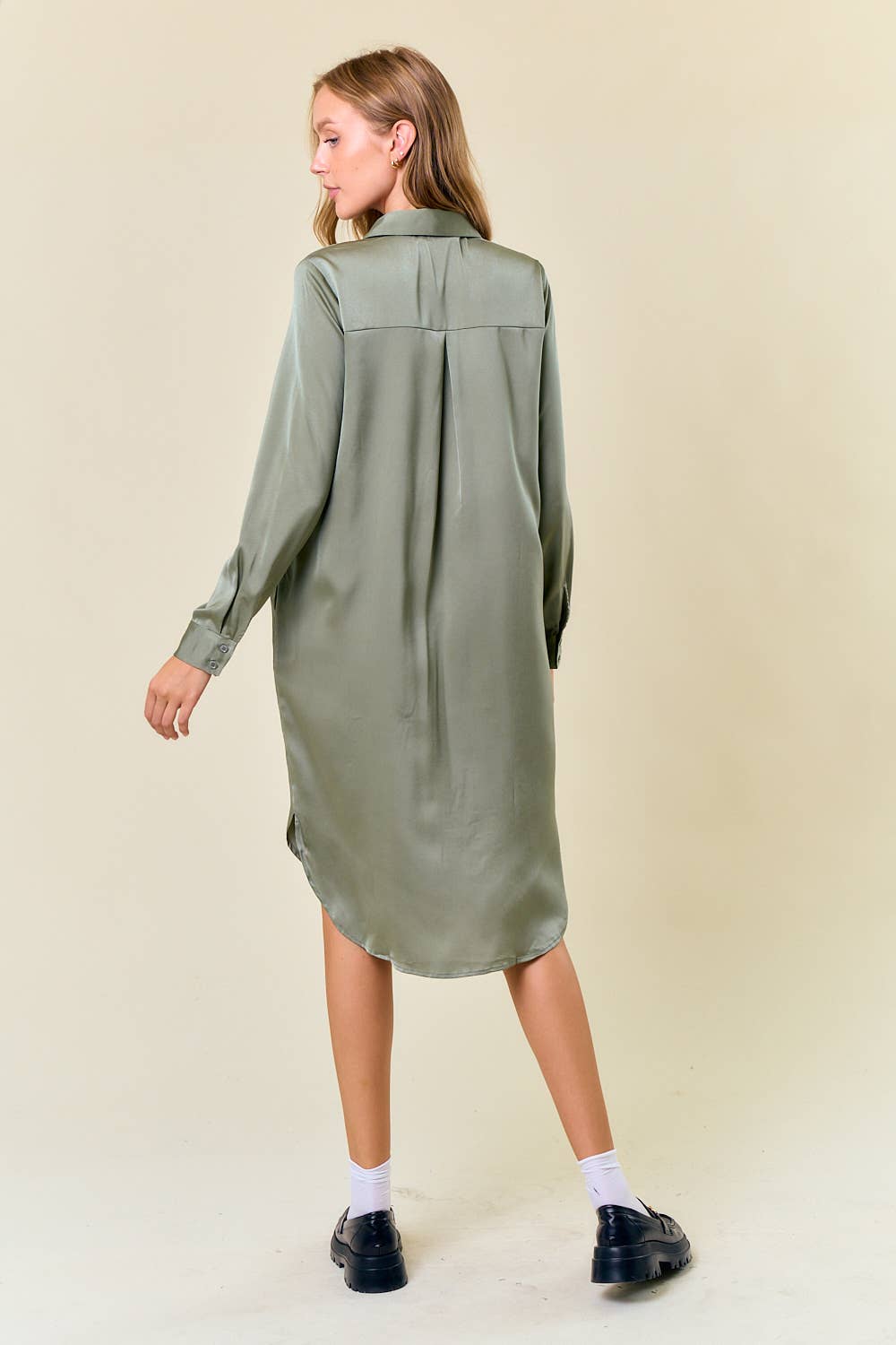 SATIN LONG SLEEVE SHIRT MIDI DRESS - 27825D