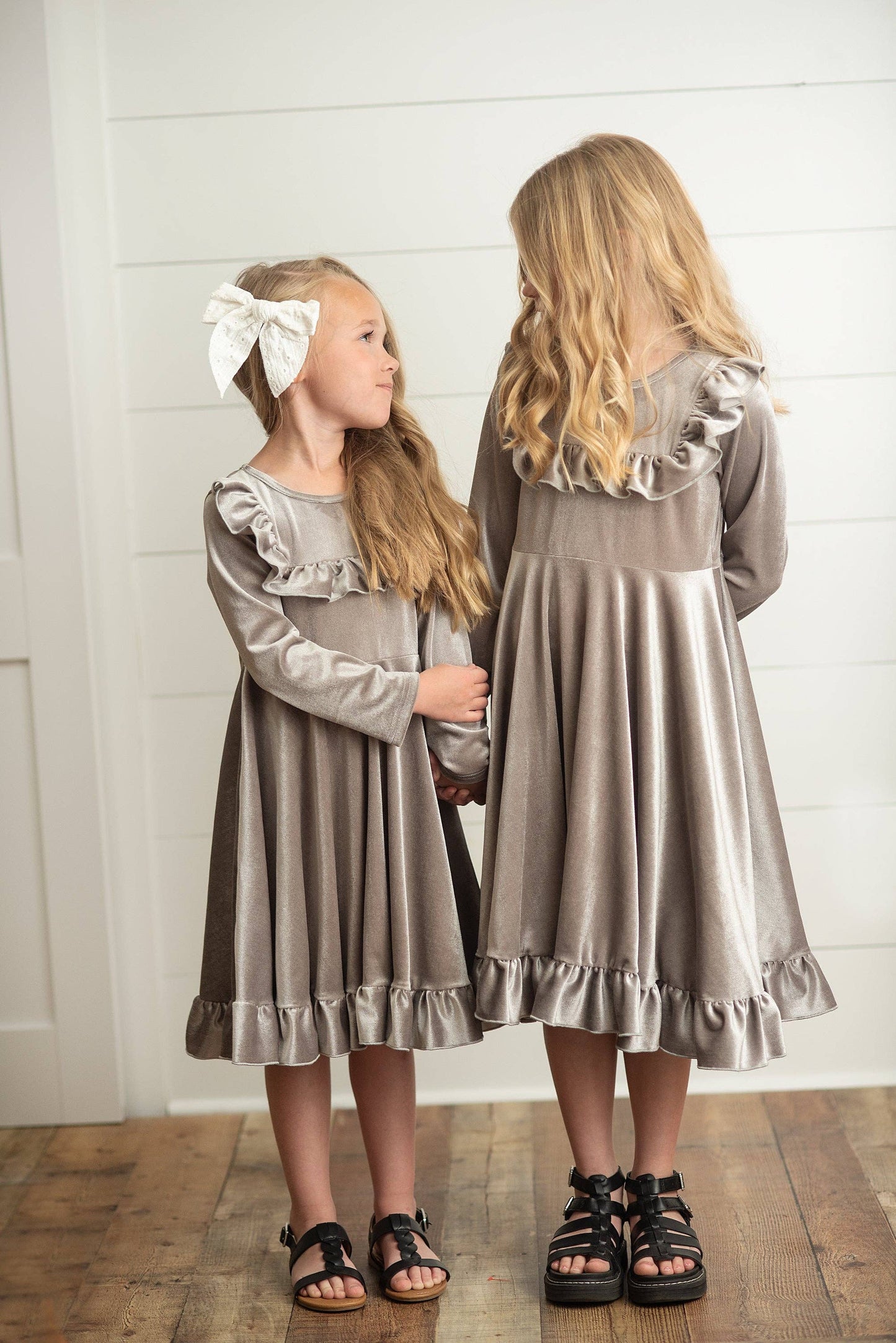 Kids Gray Silver Velvet Ruffle Twirl Dress