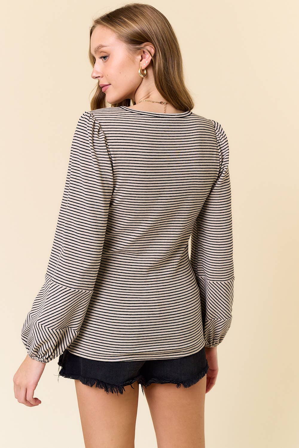 Round Neck Bubble Long Sleeve Striped Top