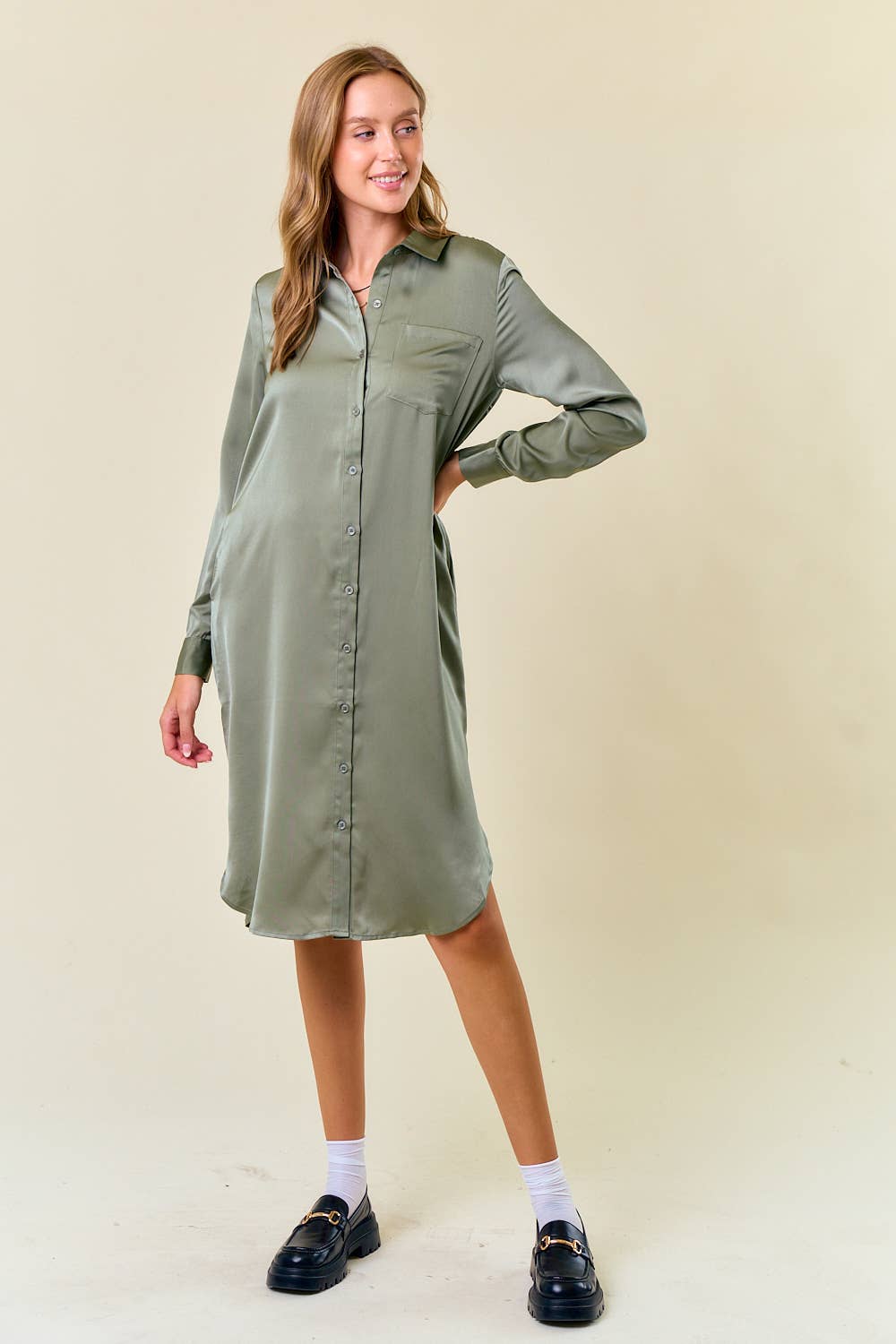 SATIN LONG SLEEVE SHIRT MIDI DRESS - 27825D