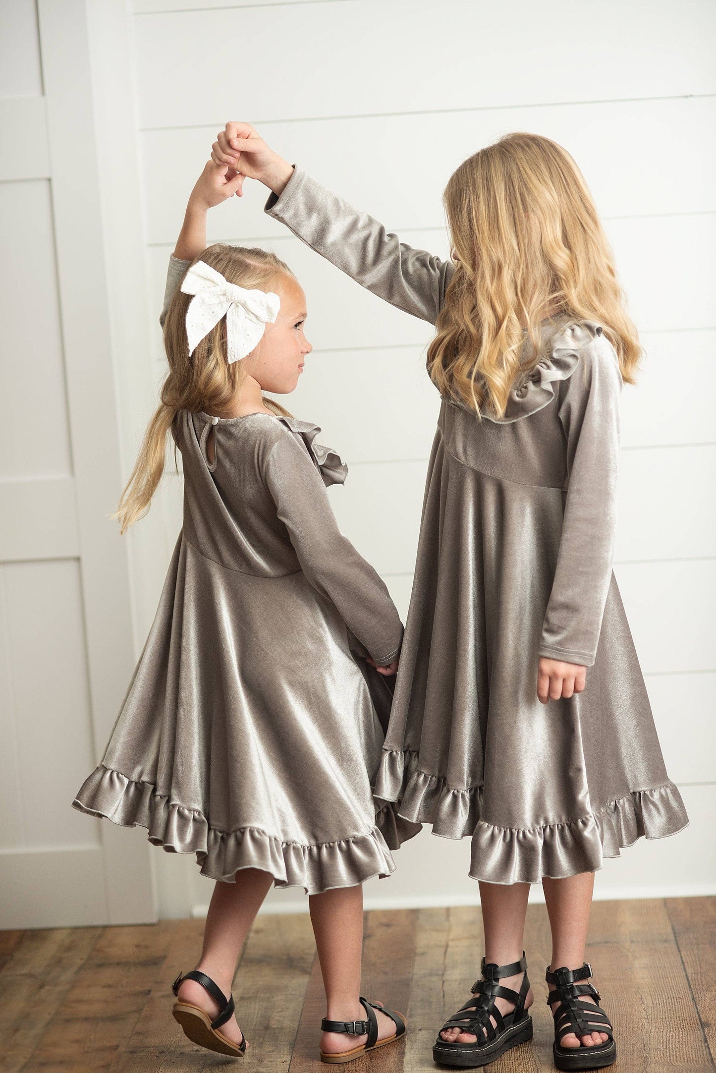 Kids Gray Silver Velvet Ruffle Twirl Dress