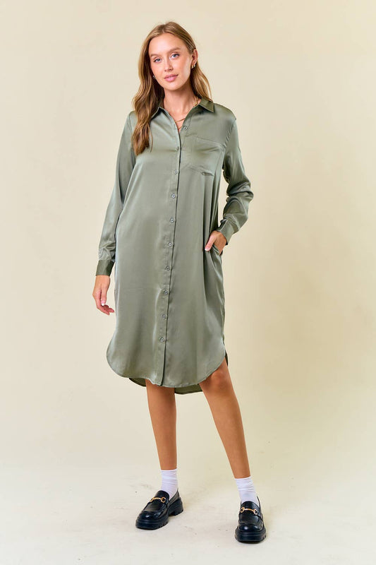 SATIN LONG SLEEVE SHIRT MIDI DRESS - 27825D