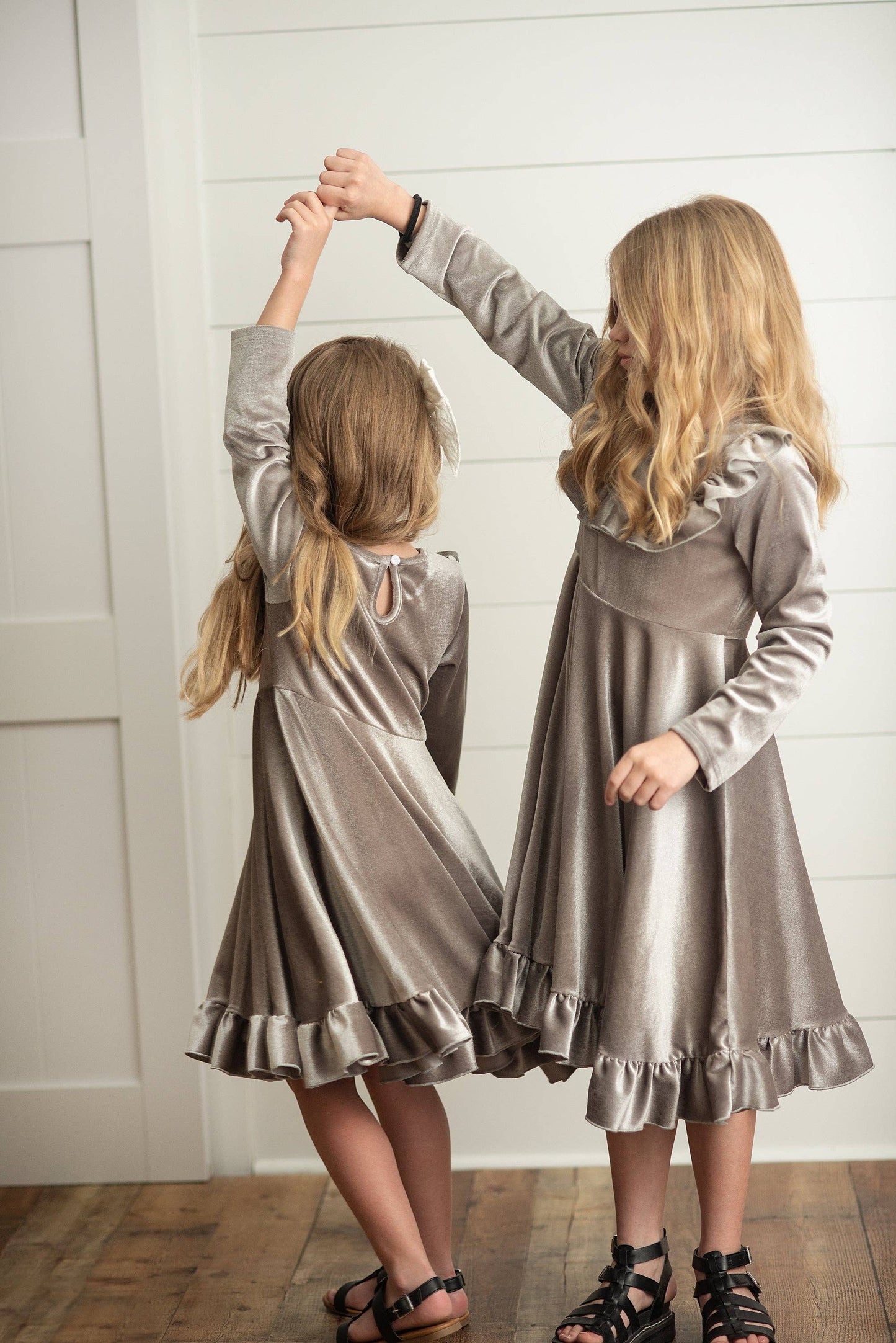 Kids Gray Silver Velvet Ruffle Twirl Dress