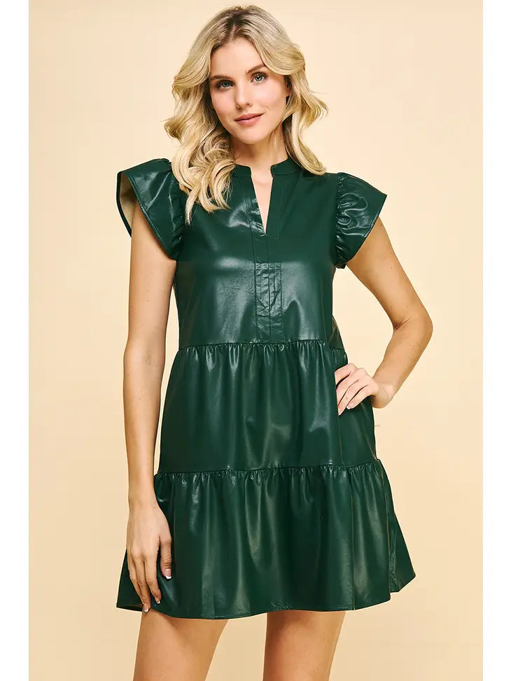 Holiday Leather Mini Dress - Hunter Green