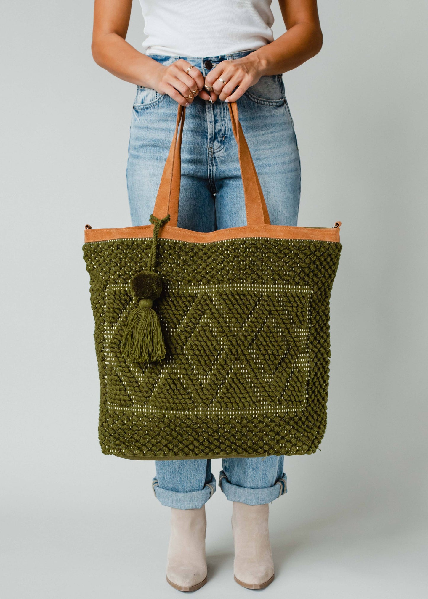 Olive Diamond Pattern Tote Hand Knotted