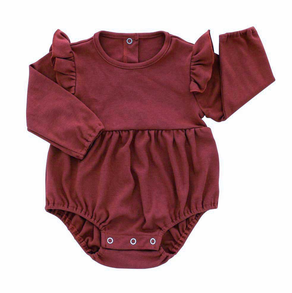 Merlot Ruffle Long Sleeve Romper Onesie Baby