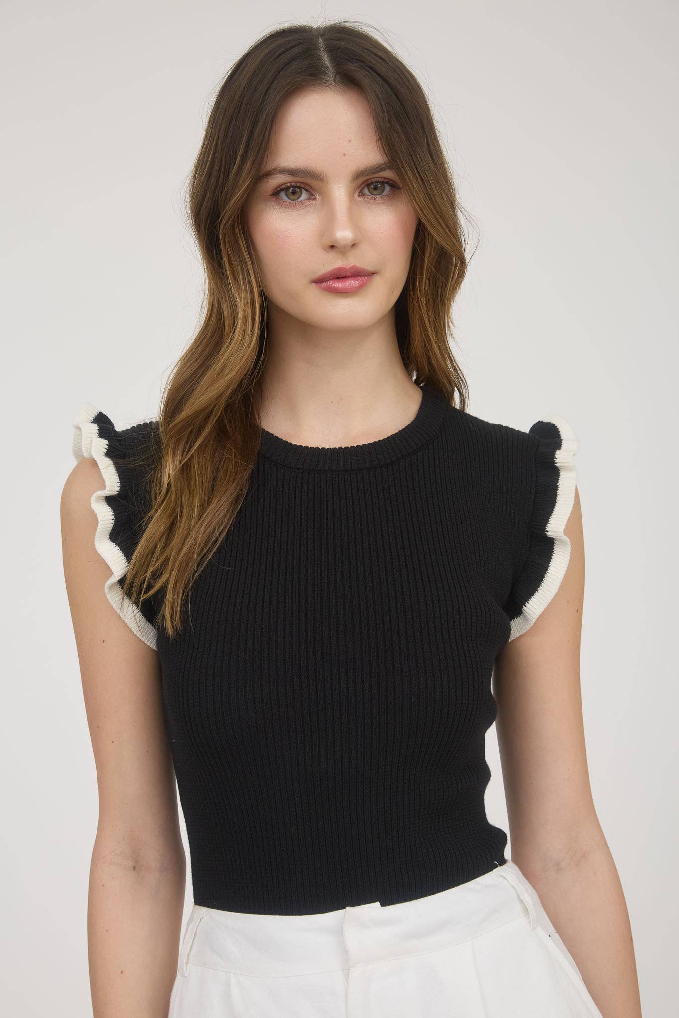 Contrast Ruffle Sleeve Sweater Top Tank