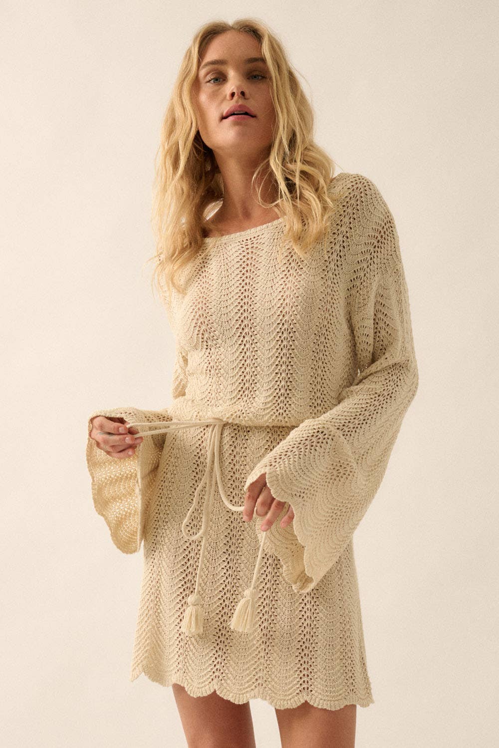 Pointelle Crochet-Knit Belted Coverup Mini Dress- 20% Off