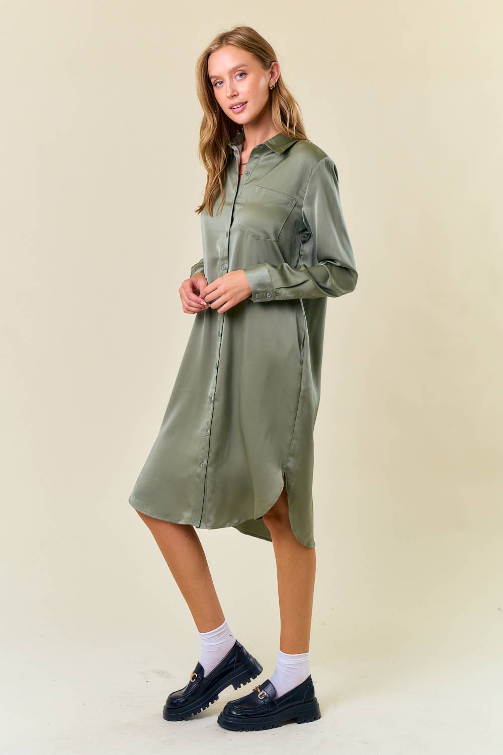 SATIN LONG SLEEVE SHIRT MIDI DRESS - 27825D