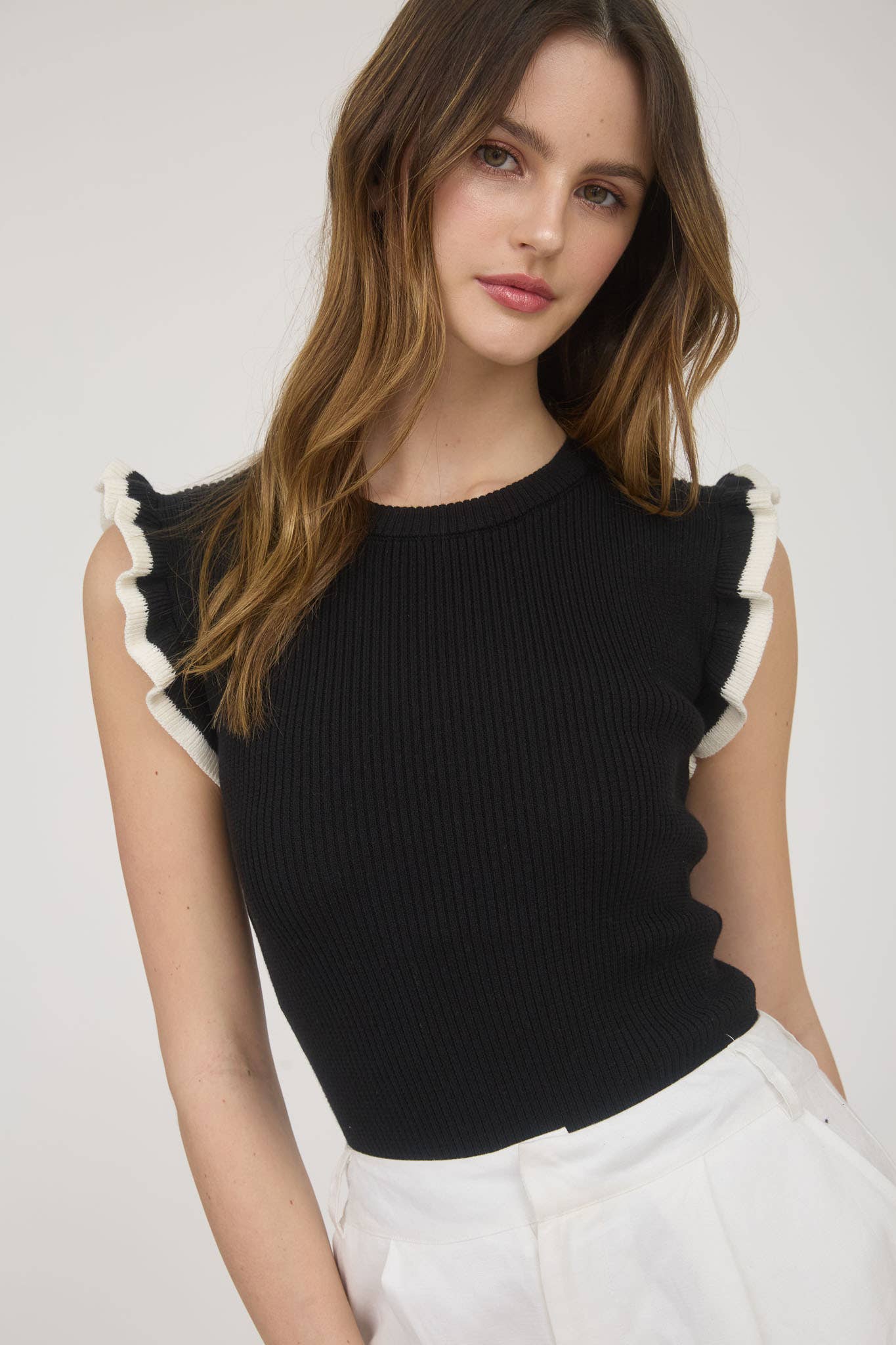 Contrast Ruffle Sleeve Sweater Top Tank