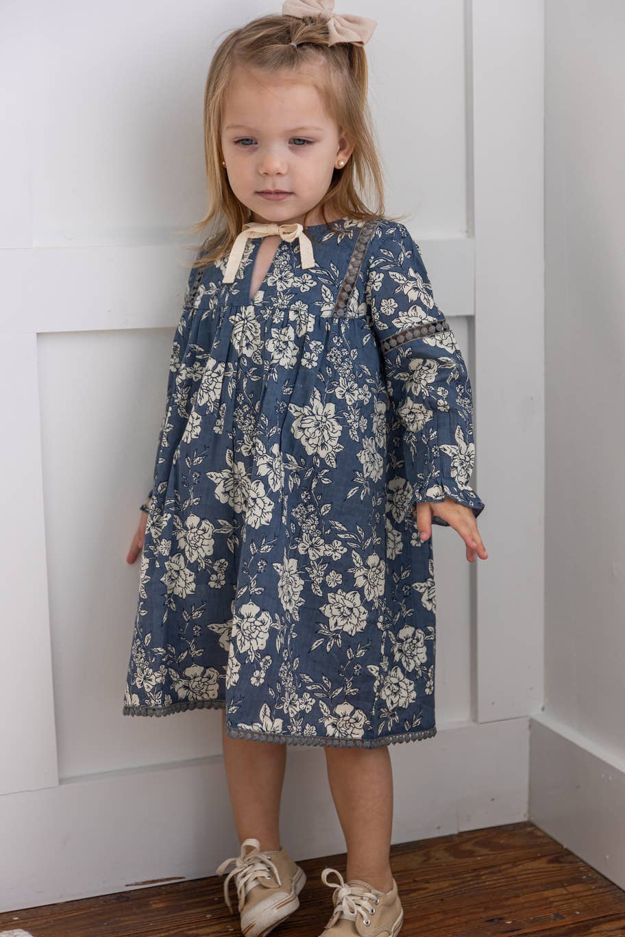 Grey Floral Printed Lace Long Sleeves Gathere