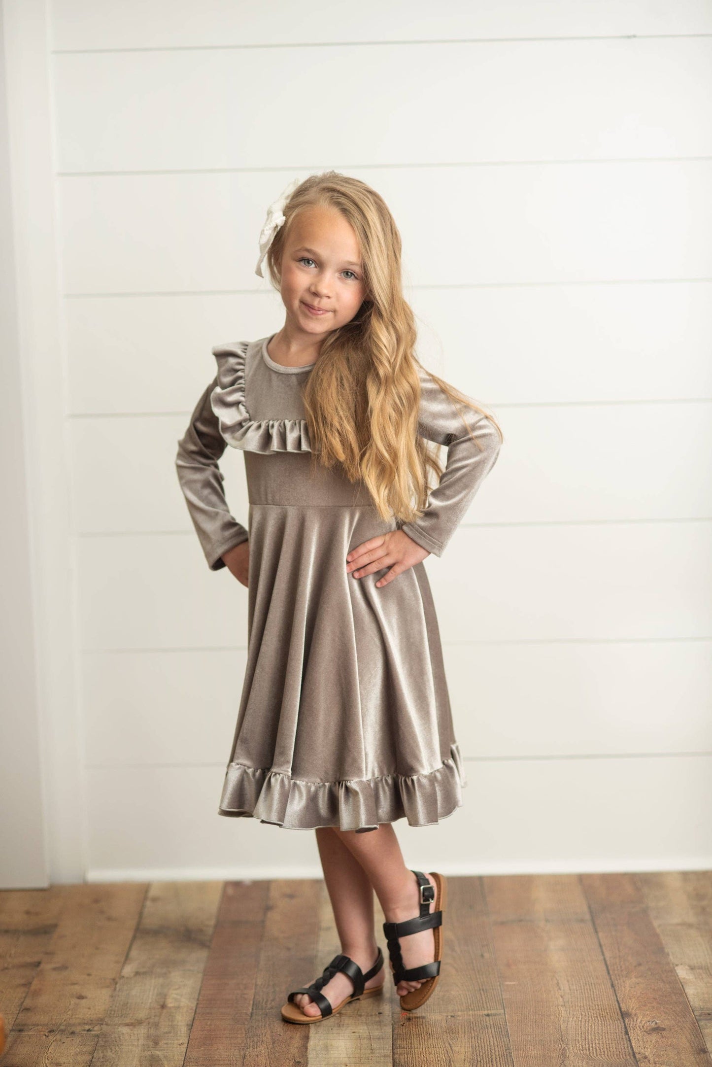 Kids Gray Silver Velvet Ruffle Twirl Dress