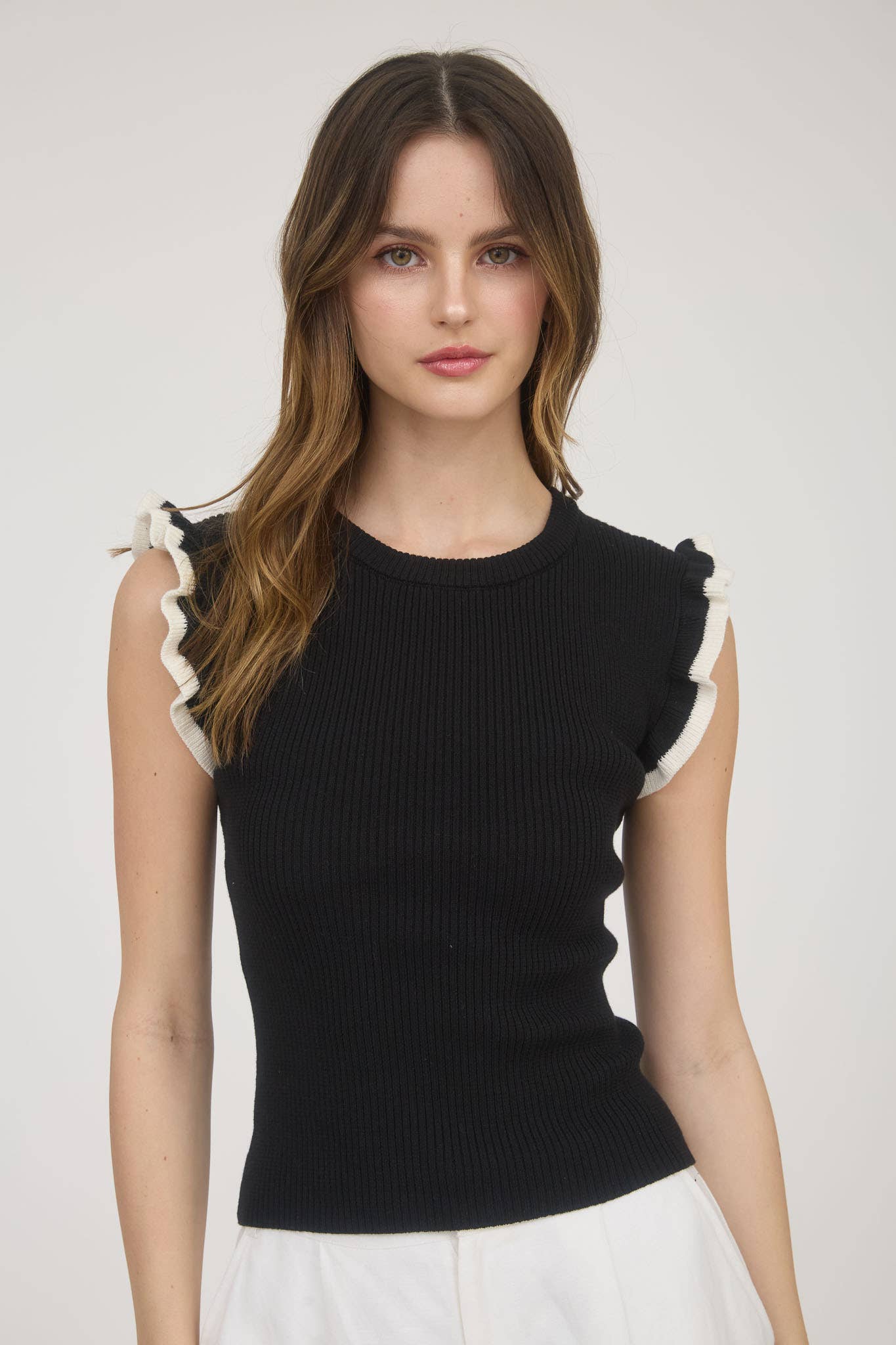 Contrast Ruffle Sleeve Sweater Top Tank