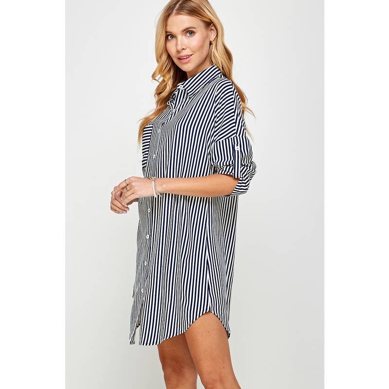 Stripe Soft Flowing Collared Long Shirt Dress