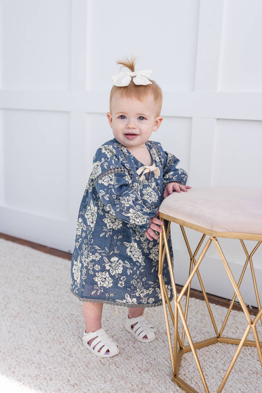 Grey Floral Printed Lace Long Sleeves Gathere