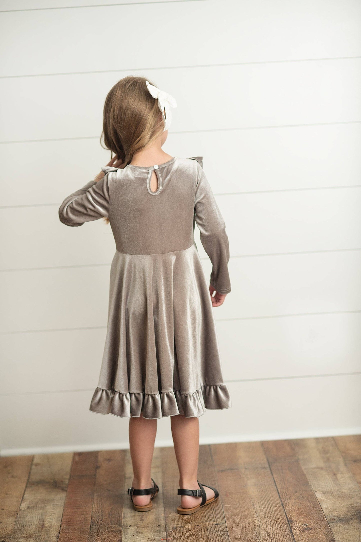 Kids Gray Silver Velvet Ruffle Twirl Dress