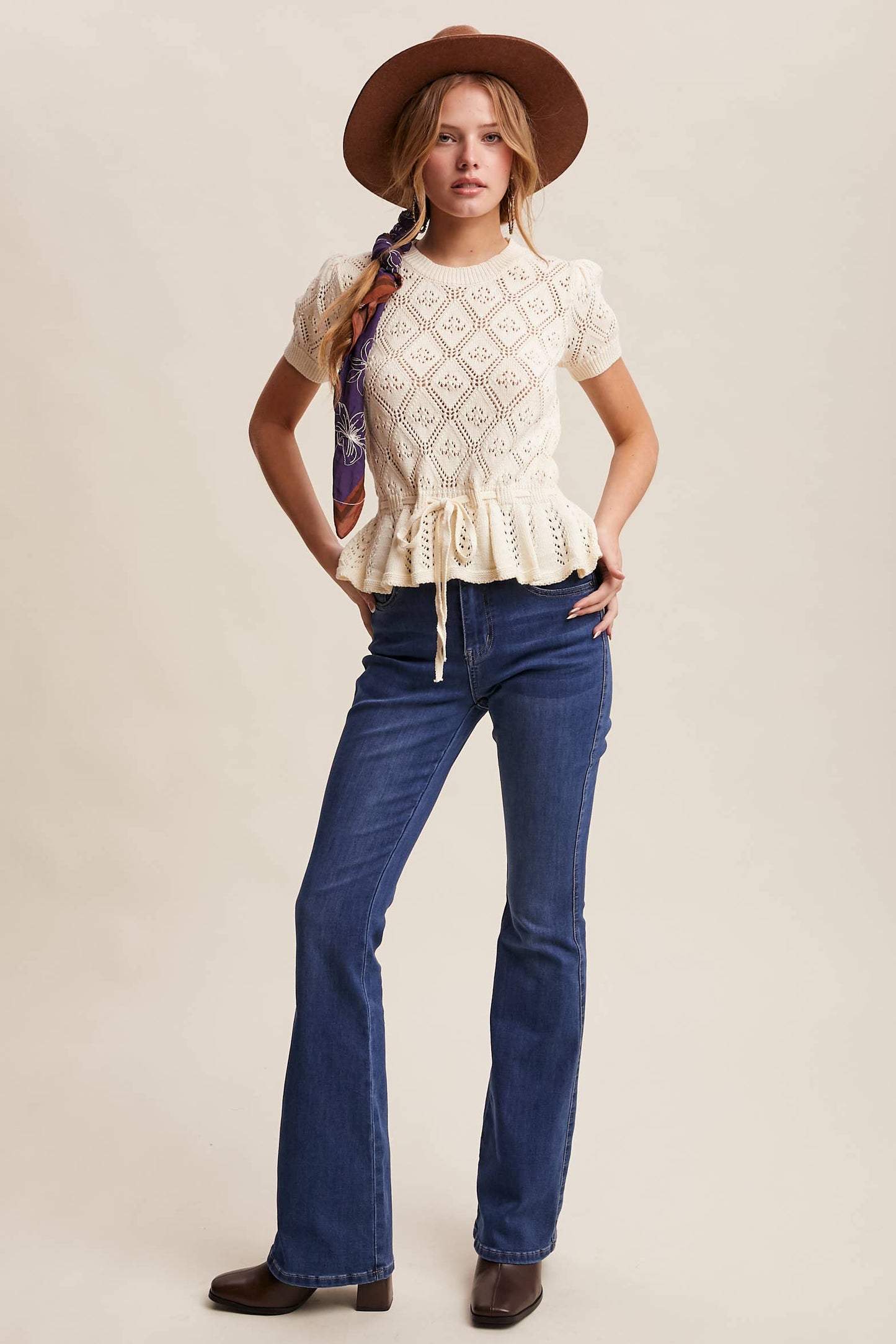 Pointelle Knit Peplum Sweet Belted Top