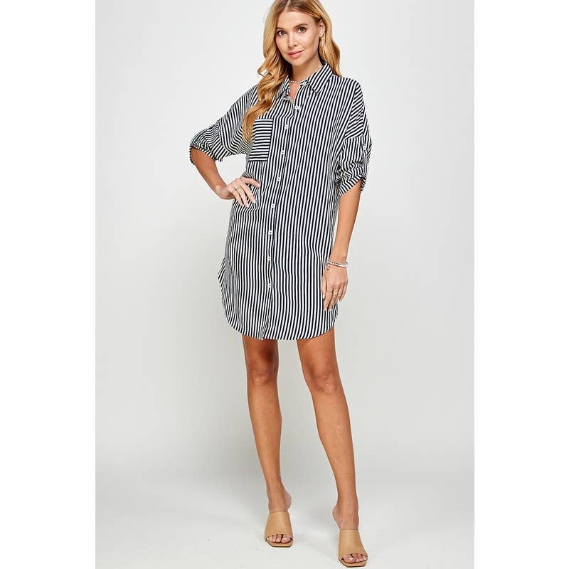 Stripe Soft Flowing Collared Long Shirt Dress