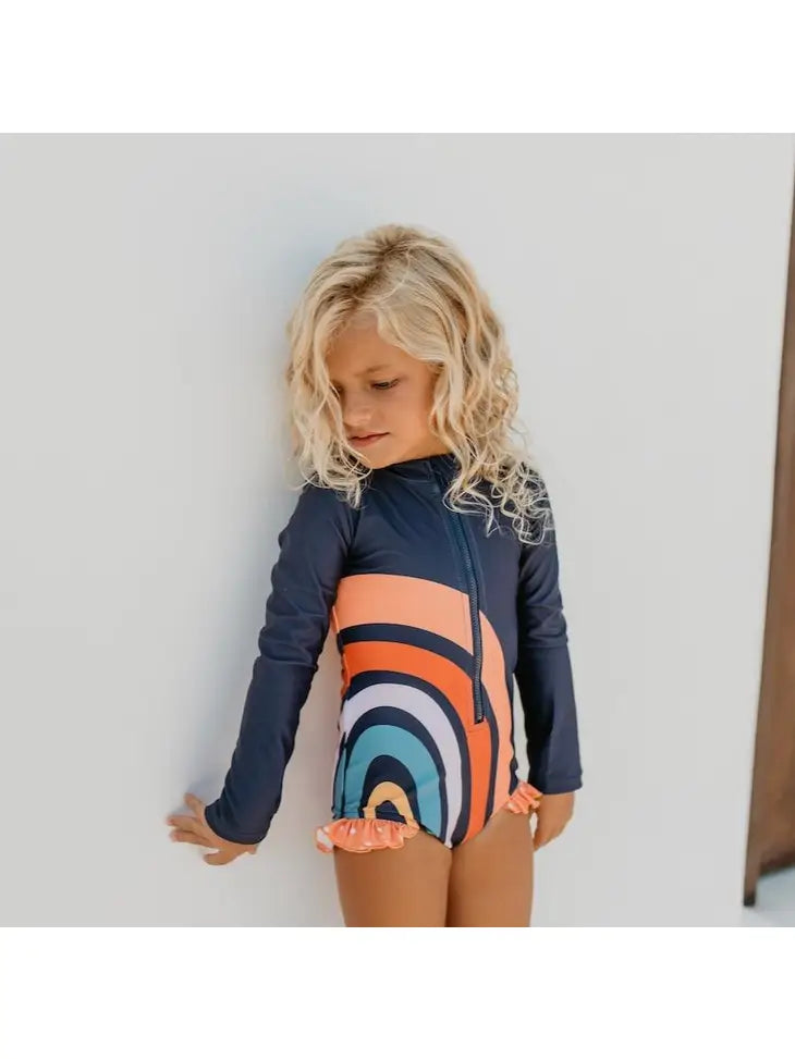 Navy/Neutral Stripe Rainbow Zip Rash Guard One Piece Swimsuit