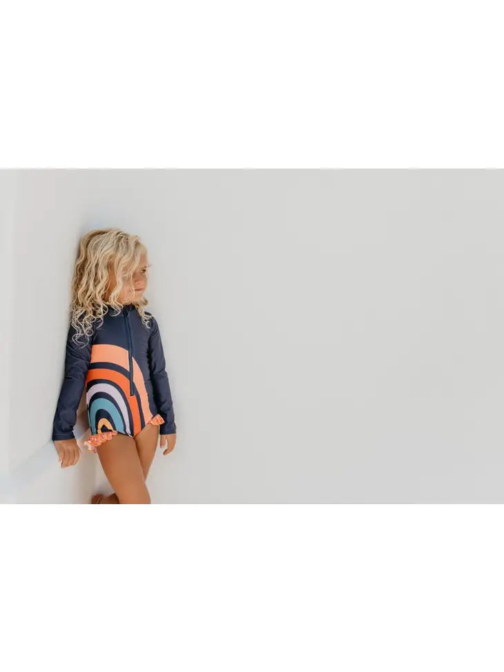 Navy/Neutral Stripe Rainbow Zip Rash Guard One Piece Swimsuit