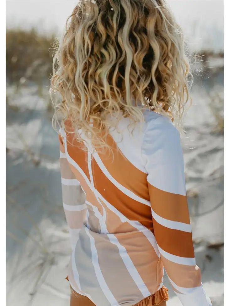 Navy/Neutral Stripe Rainbow Zip Rash Guard One Piece Swimsuit