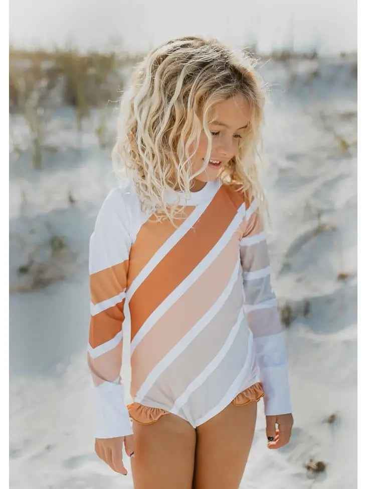 Navy/Neutral Stripe Rainbow Zip Rash Guard One Piece Swimsuit