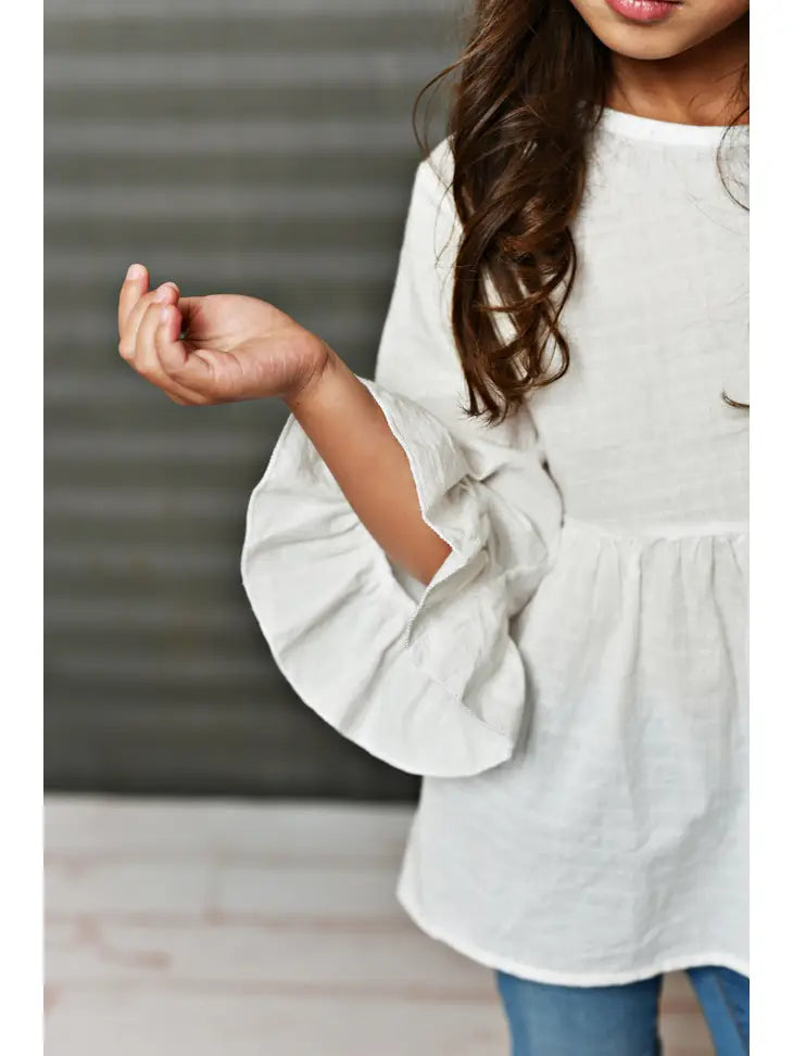 Wilma White Ruffle Kids Long Sleeve Shirt with buttons