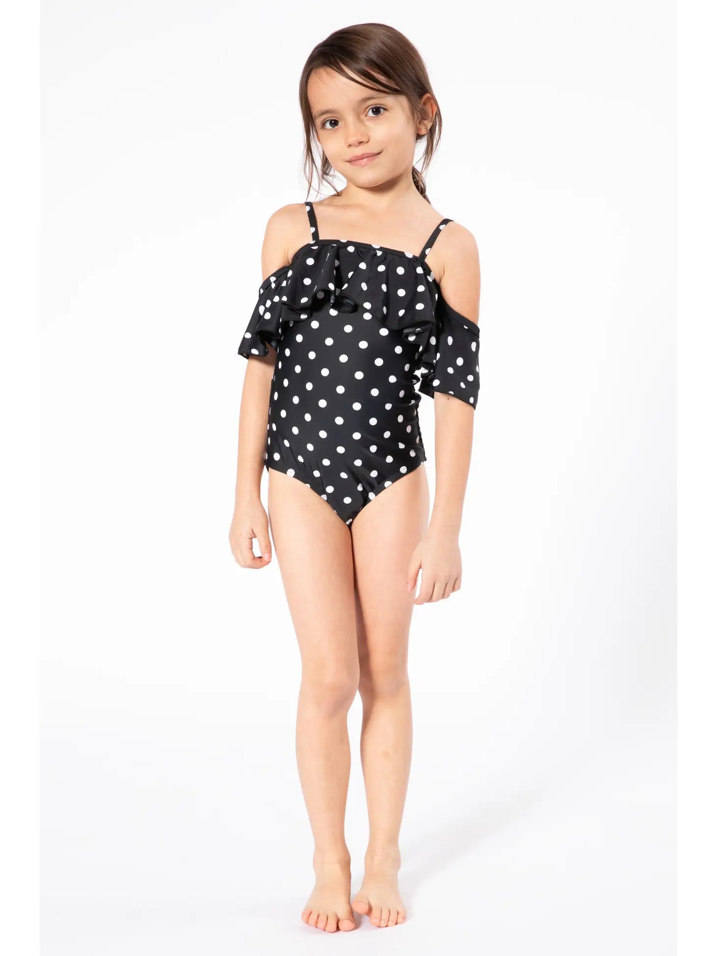 Off Shoulder Ruffle 1Pc UPF 50 Black and white Dot