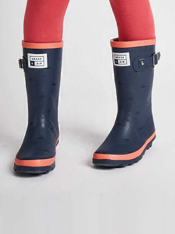 Older Kids Coral and Navy Wellies