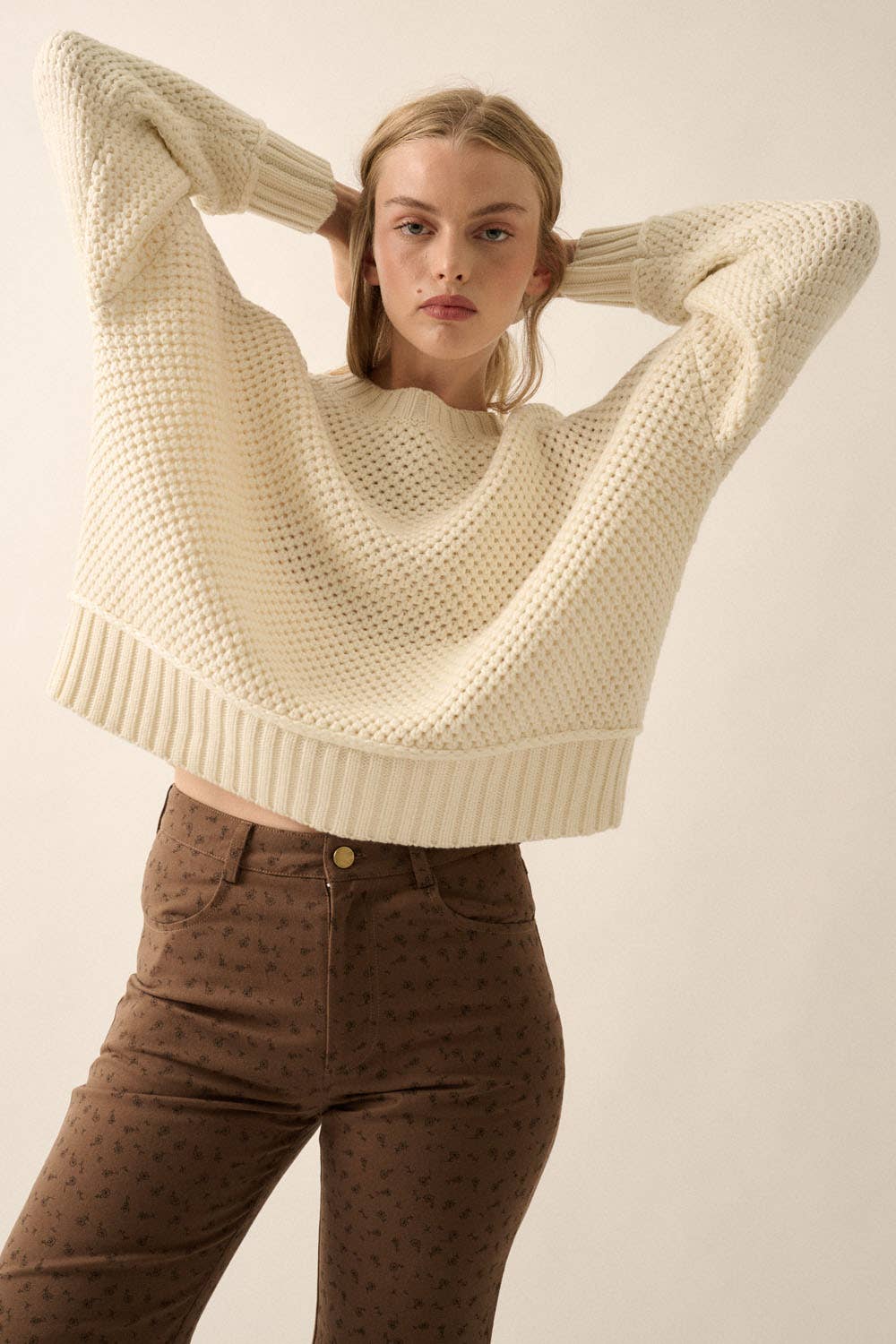 Solid Round-Neck Crochet-Knit Sweater