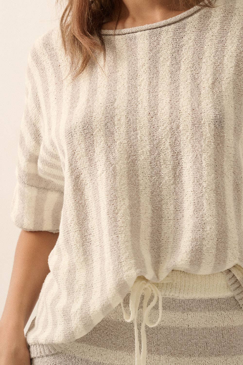 Striped Knit Rolled-Edge Short-Sleeve Sweater