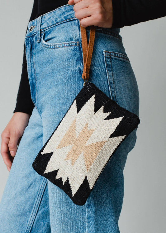 Black, Cream & Tan Woven Aztec Wristlet