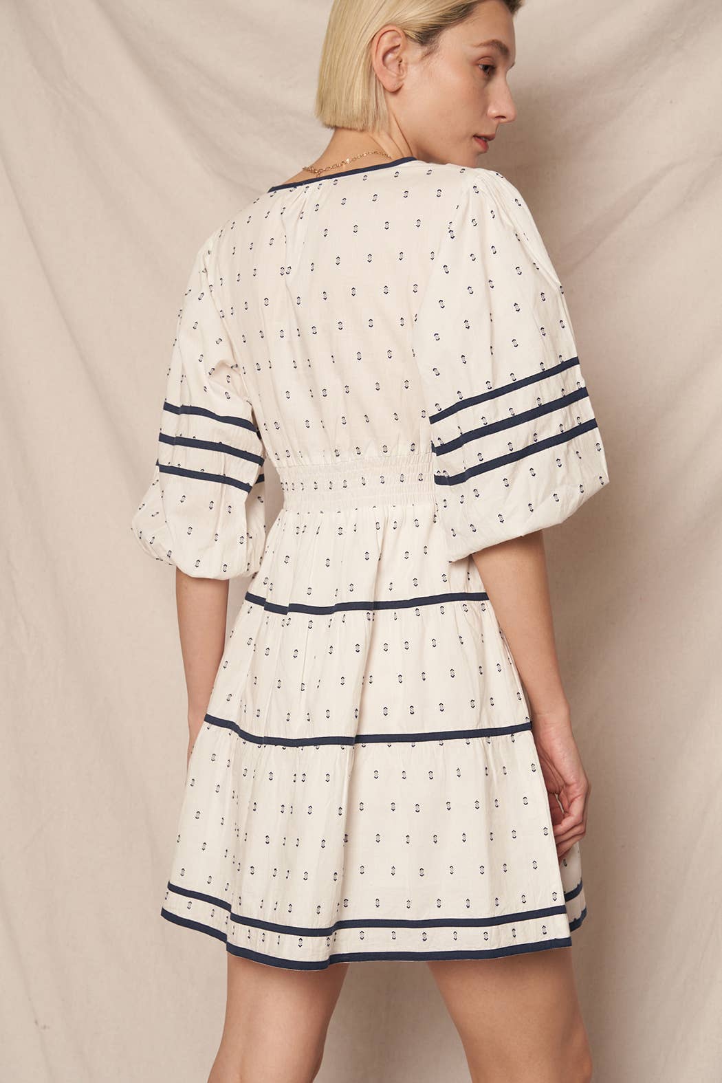 3/4 Sleeve V-Neck Tiered Mini Embroidered Dress