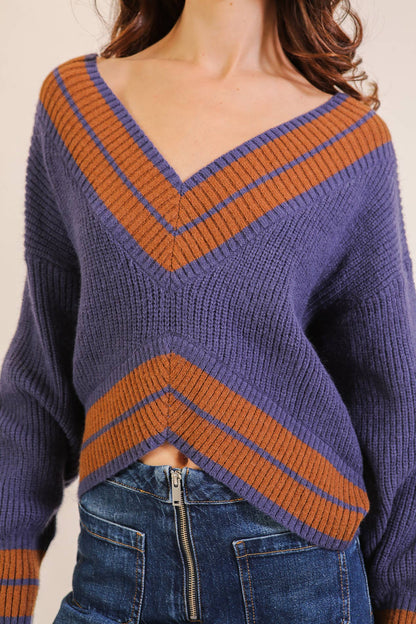 Contrast Trim V-Neck Varsity Knit Sweater