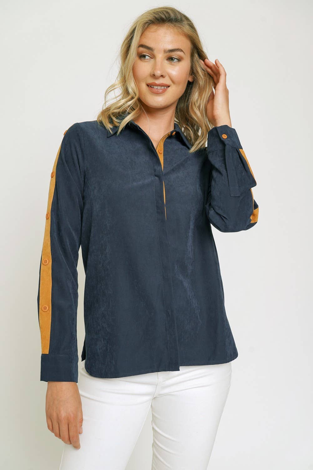 THE ONE! Soft Faux Suede Colorblock Button Down