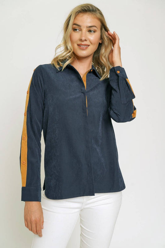 THE ONE! Soft Faux Suede Colorblock Button Down