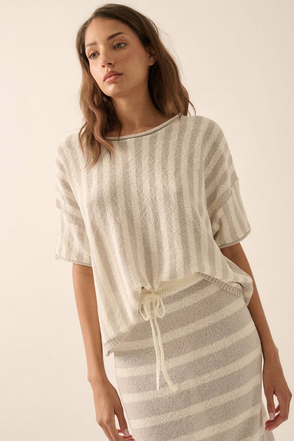 Striped Knit Rolled-Edge Short-Sleeve Sweater