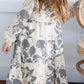 Grey Leaf Printed Tiered Long Sleeve Dress