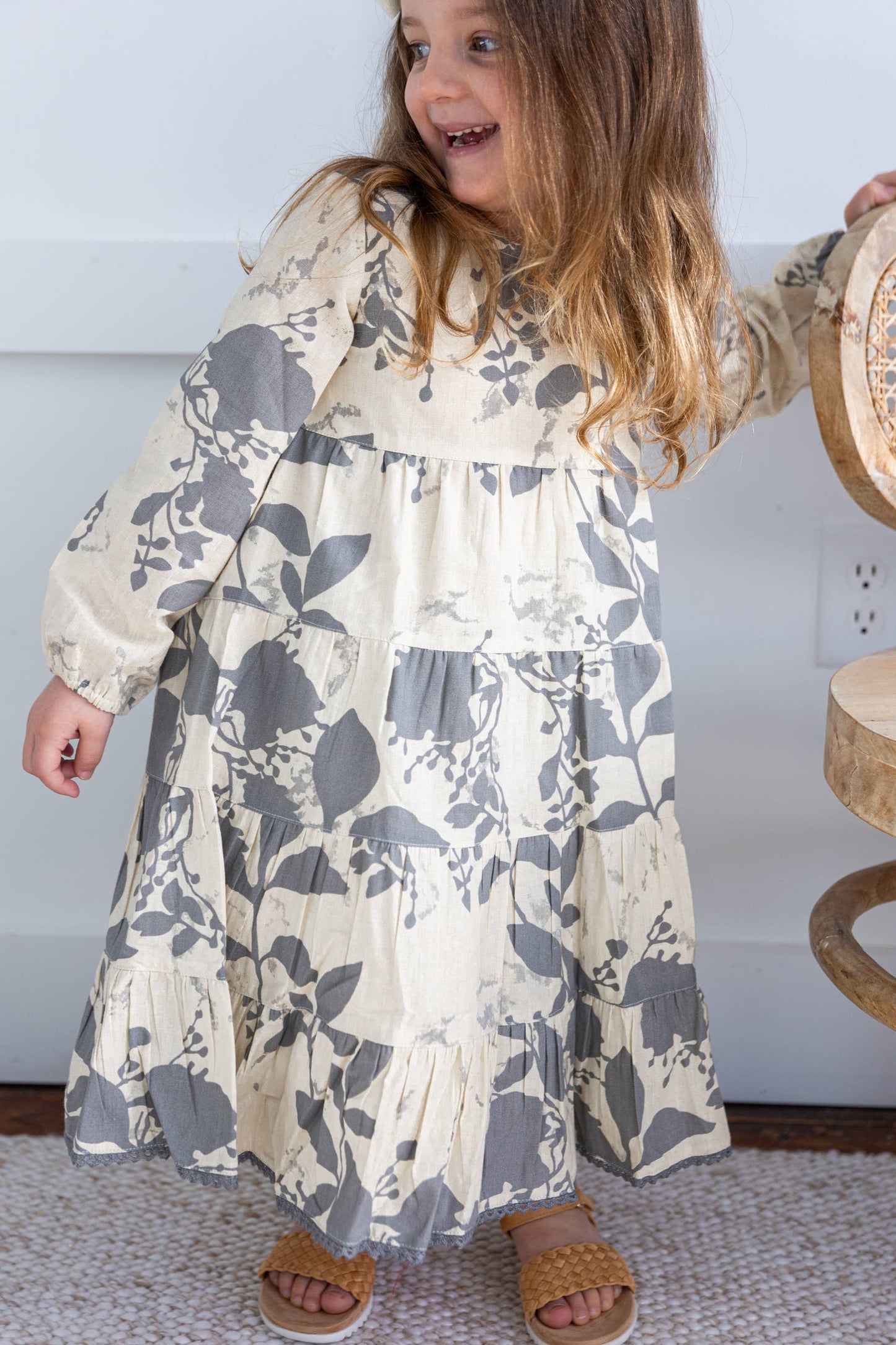 Grey Leaf Printed Tiered Long Sleeve Dress