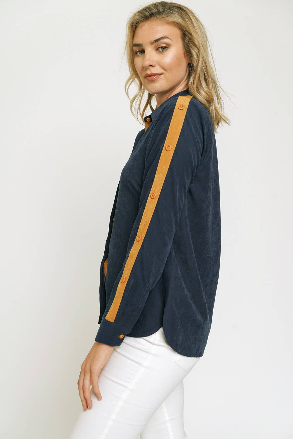 THE ONE! Soft Faux Suede Colorblock Button Down