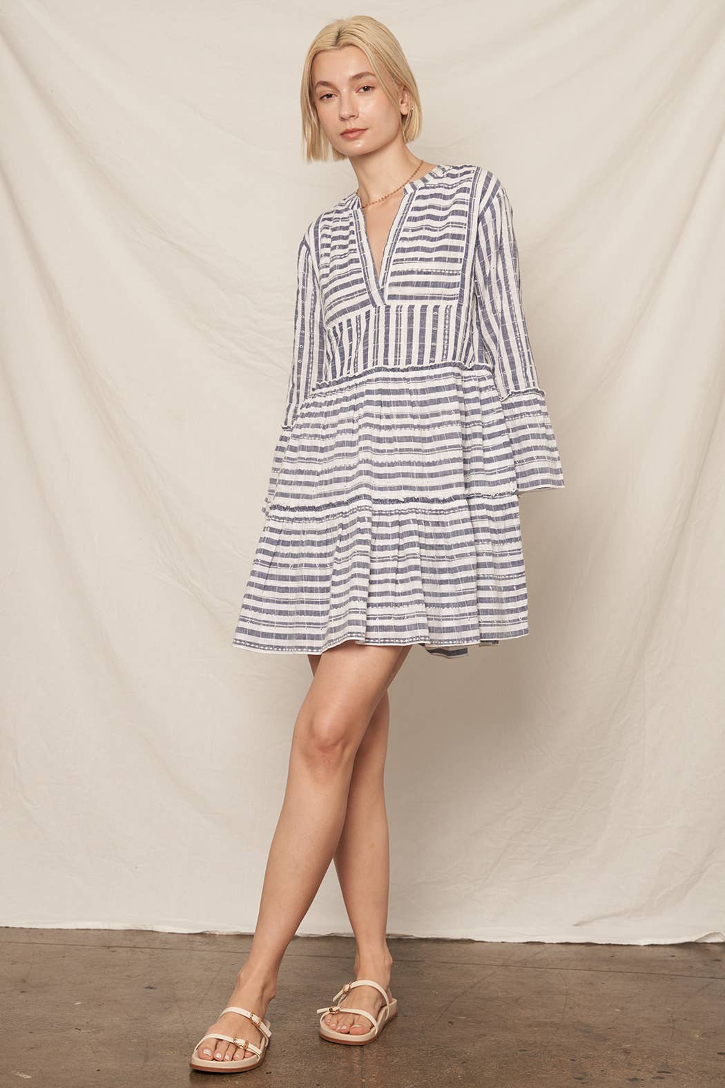 3/4 Sleeve V-Neck Striped Tiered Mini Dress