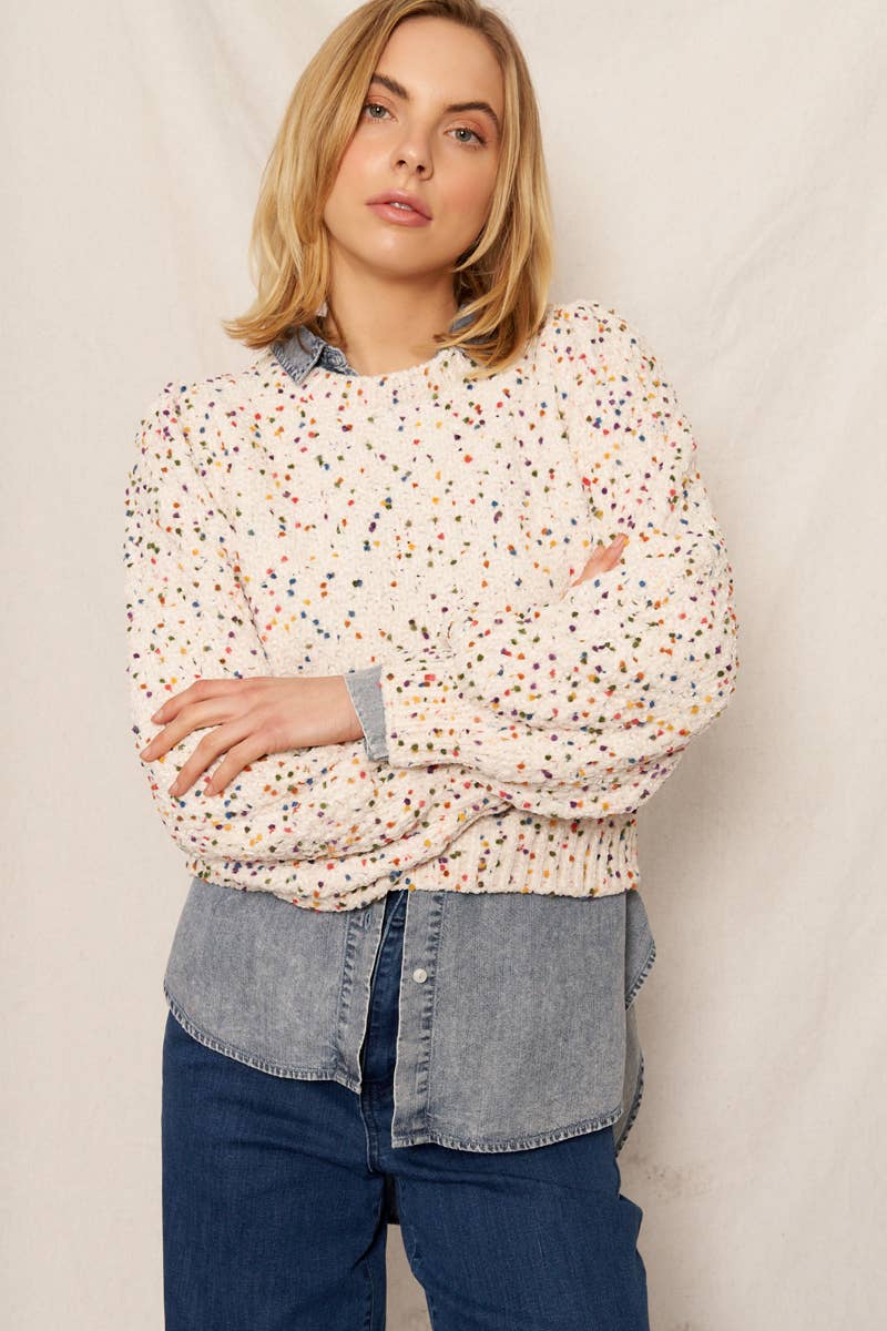 Puffed Sleeve Cropped Confetti Sweater
