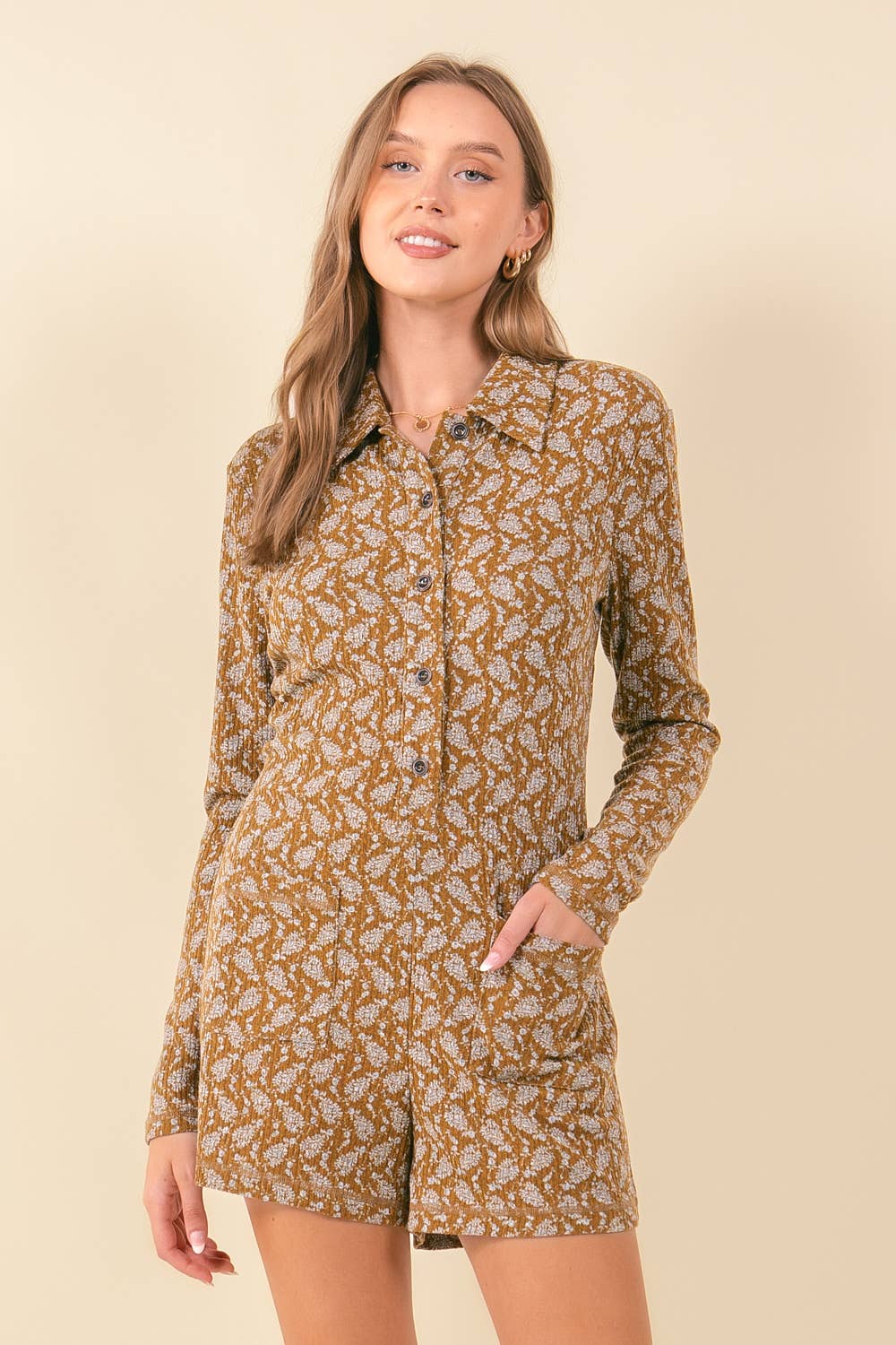 Floral Print Rib Long Sleeve Henley Romper - 27551R-1